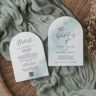 Watercolor Wash Blue All In One QR Arch Wedding Invitation