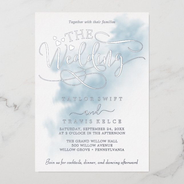Watercolor Wash | Blue and Silver Foil Wedding  (Front)