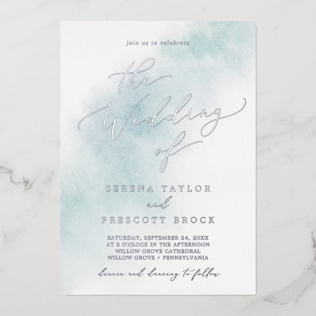 Watercolor Wash | Blue and Silver Foil Wedding (Front)