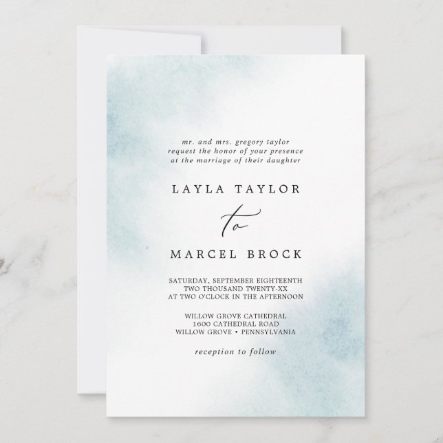 Watercolor Wash | Blue Traditional Wedding Invitation (Front)
