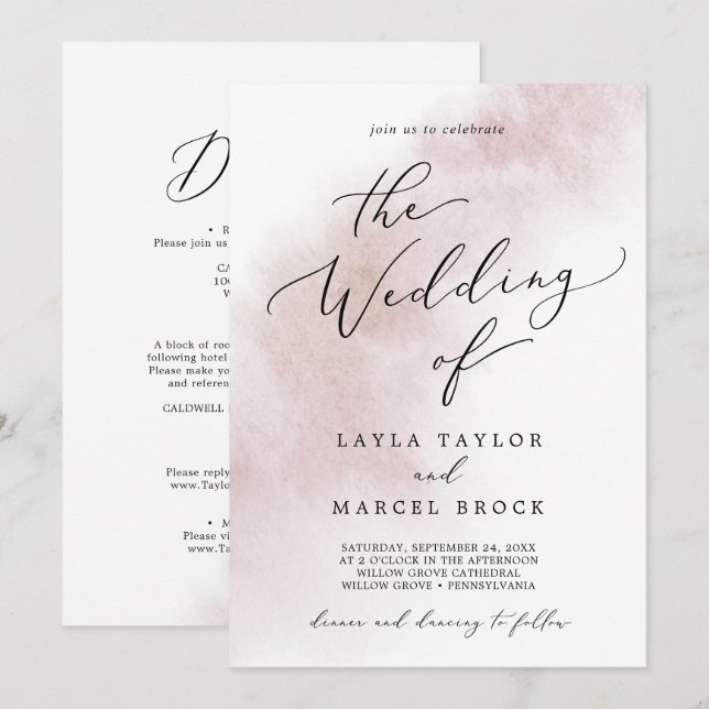 Watercolor Wash | Blush All In One Wedding Invitation (Front/Back)