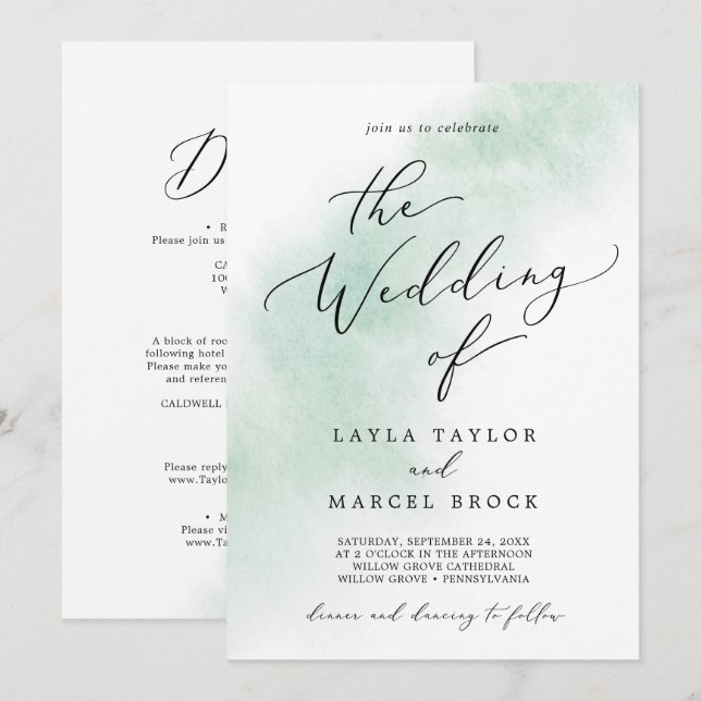 Watercolor Wash | Green All In One Wedding Invitation (Front/Back)