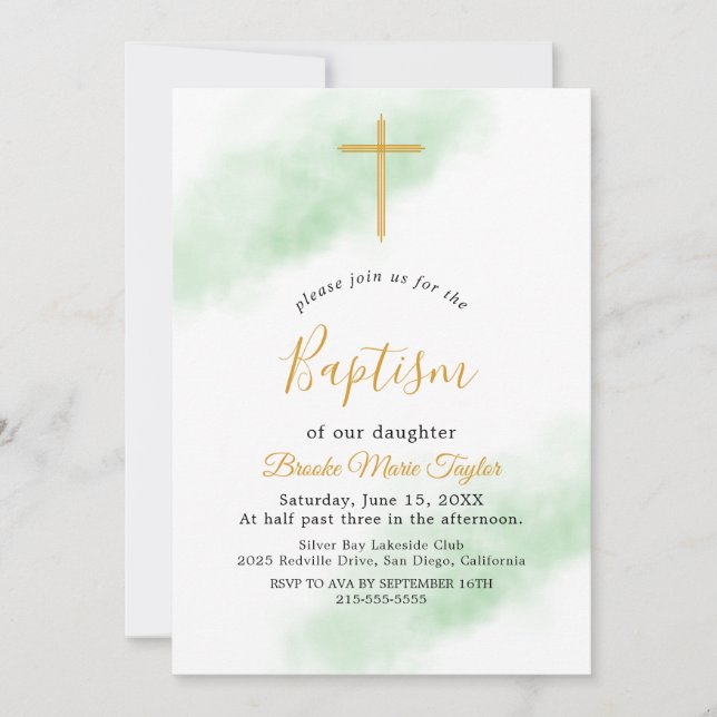 Watercolor Wash Green and Gold Baptism Invitation (Front)