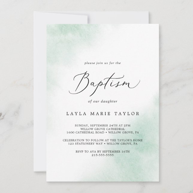 Watercolor Wash | Green Baptism Invitation (Front)