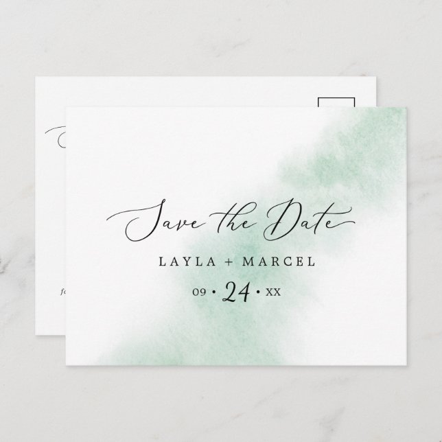 Watercolor Wash | Green Save the Date Postcard (Front/Back)