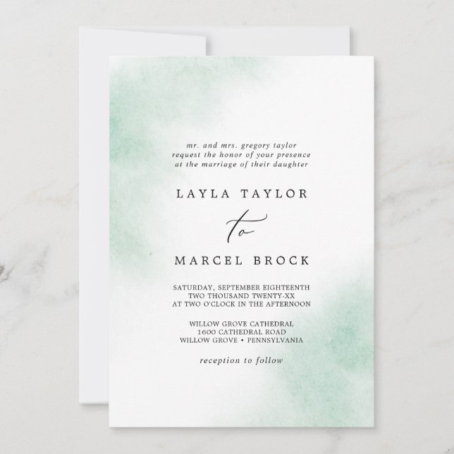 Watercolor Wash | Green Traditional Wedding Invitation (Front)
