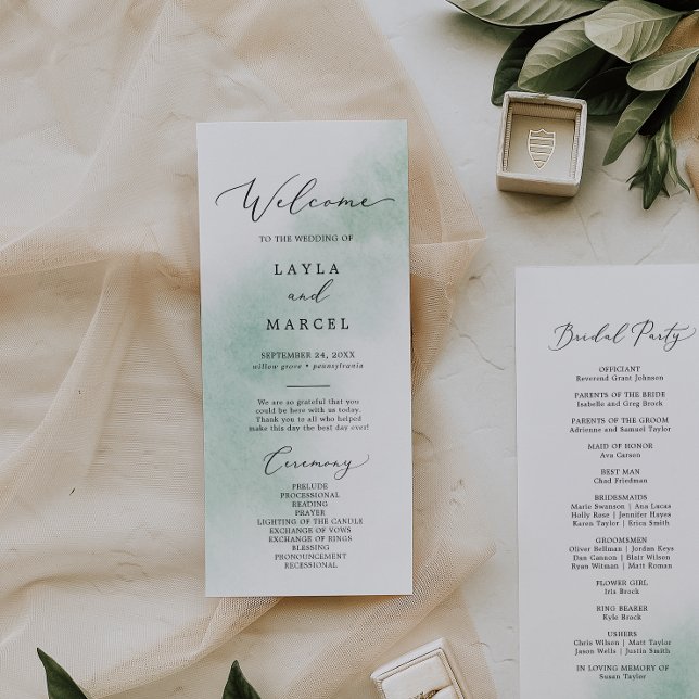 Watercolor Wash | Green Wedding Program Programme (Creator Uploaded)