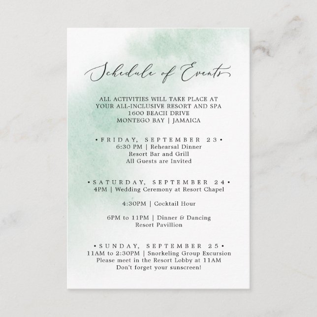 Watercolor Wash | Green Weekend Schedule of Events Enclosure Card (Front)