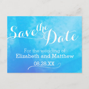 Watercolor wash painted blue save the date card
