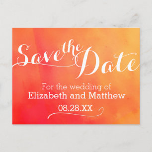 Watercolor wash painted orange save the date card