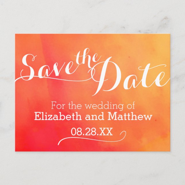 Watercolor wash painted orange save the date card (Front)