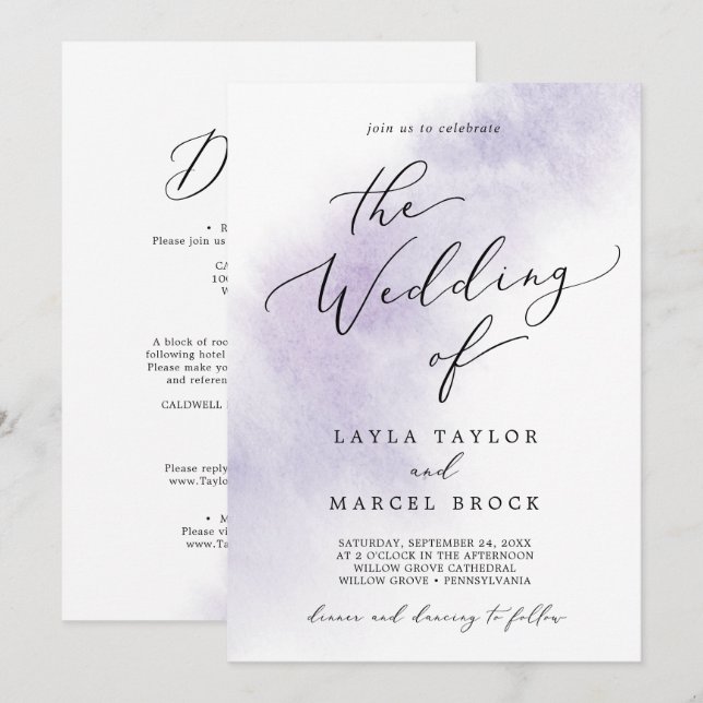 Watercolor Wash | Purple All In One Wedding Invitation (Front/Back)