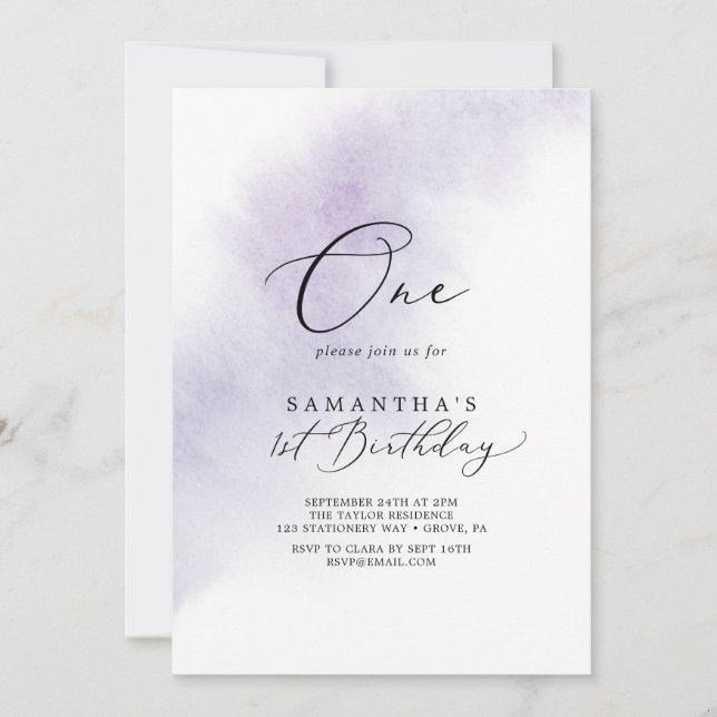 Watercolor Wash | Purple First Birthday Party Invitation (Front)