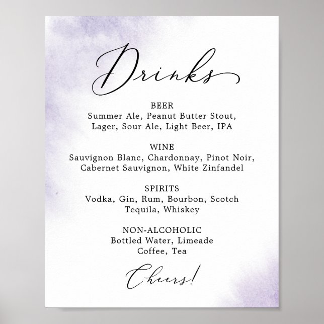 Watercolor Wash | Purple Wedding Drink Menu Sign (Front)