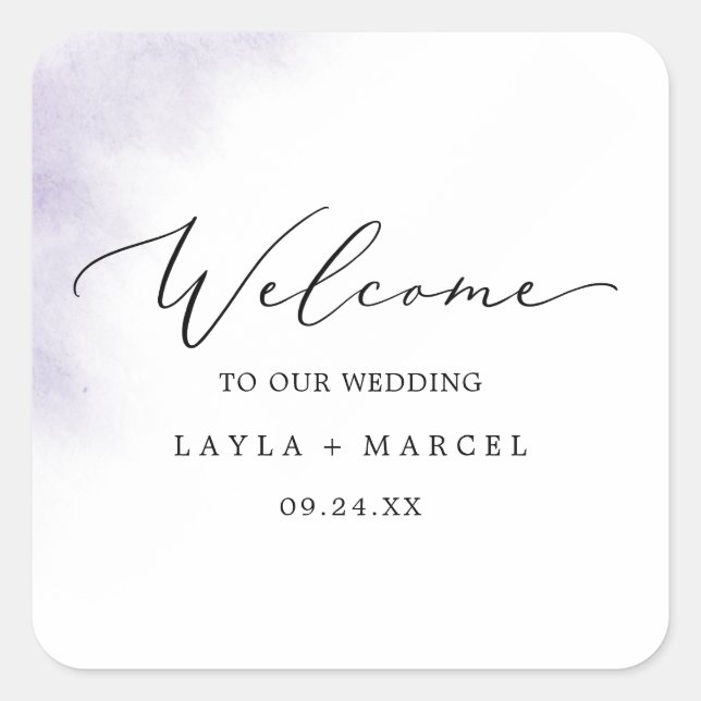 Watercolor Wash | Purple Wedding Welcome Square Sticker (Front)