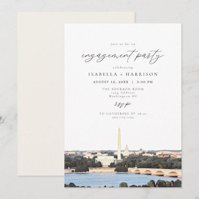 Watercolor Washington DC Monument Engagement Party Invitation (Front/Back)