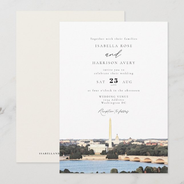 Watercolor Washington DC Monument Skyline Wedding Invitation (Front/Back)