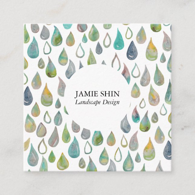 Watercolor Water Drops Landscaper Gardener Modern Square Business Card (Front)