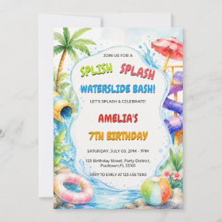 Watercolor Water Slide Bash Party Birthday Invitation