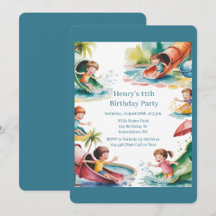 Watercolor Water Slide Kids Age Birthday Party Invitation