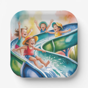 Watercolor Water Slide Kids Birthday Party Paper Plate
