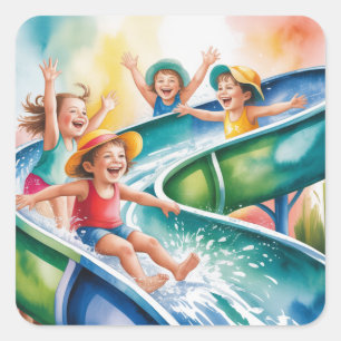 Watercolor Water Slide Kids Birthday Party Square Sticker