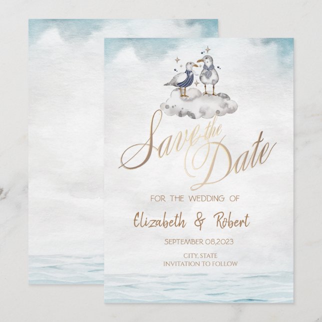 Watercolor Watercolor Seagulls Beach Save The Date (Front/Back)
