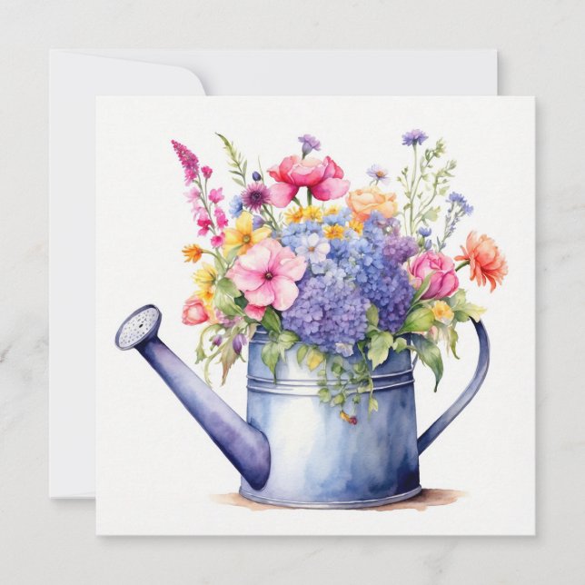 Watercolor Watering Can and Summer Flowers  Card (Front)