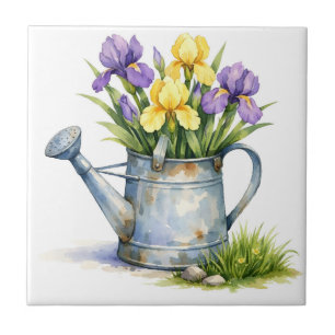 Watercolor Watering Can with Iris Flowers Tile