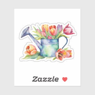 Watercolor Watering Can with Tulip Flowers 