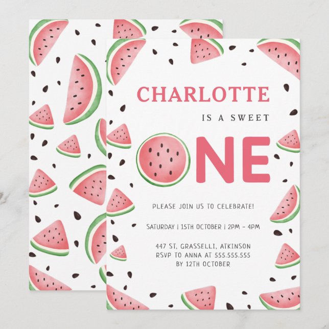 Watercolor Watermelon 1st Summer Birthday Party Invitation (Front/Back)