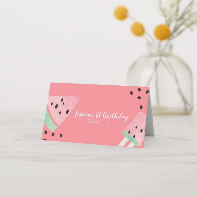 Watercolor Watermelon Birthday Seeds Ice Cream Pop Place Card (Front)