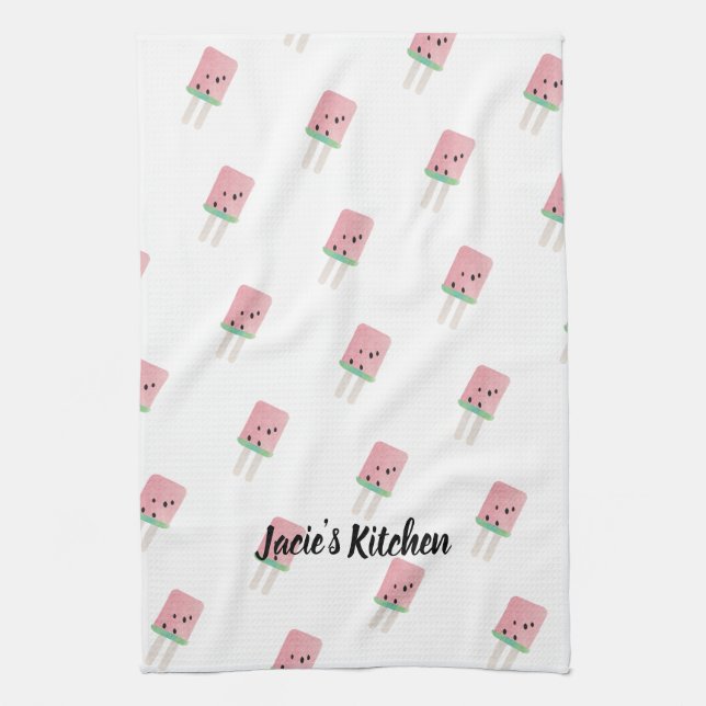 Watercolor Watermelon Pop Modern Kitchen Tea Towel (Vertical)