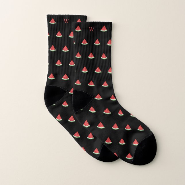 Watercolor Watermelon Slice Monogram Initial Black Socks (Pair)