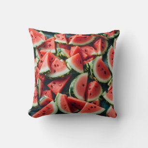 Watercolor Watermelon Slices Pattern Green Red Cushion