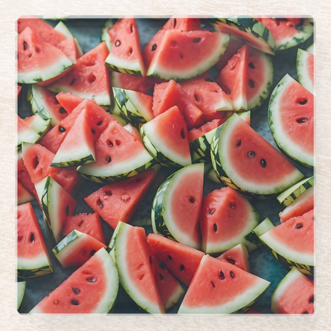 Watercolor Watermelon Slices Pattern Green Red Glass Coaster (Front)
