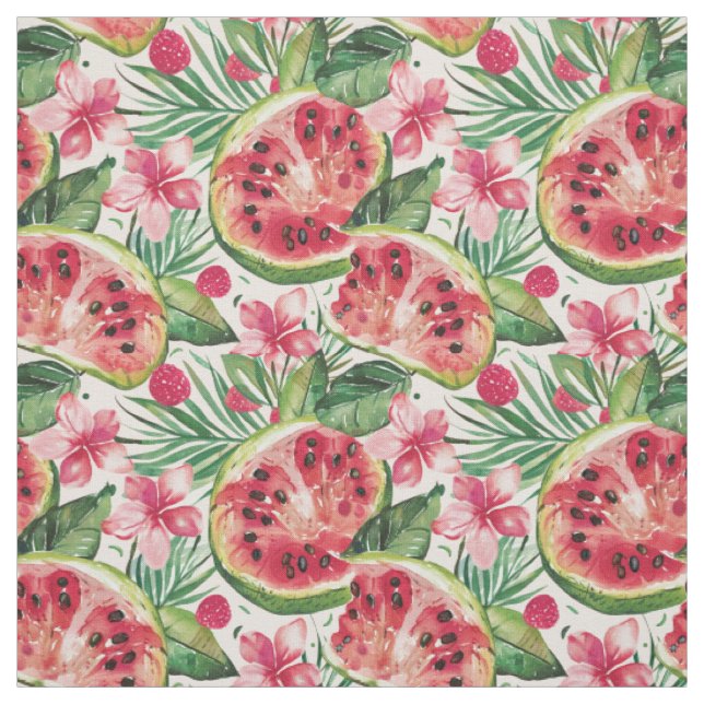 Watercolor Watermelon & Tropical Flowers Pattern Fabric (Swatch)