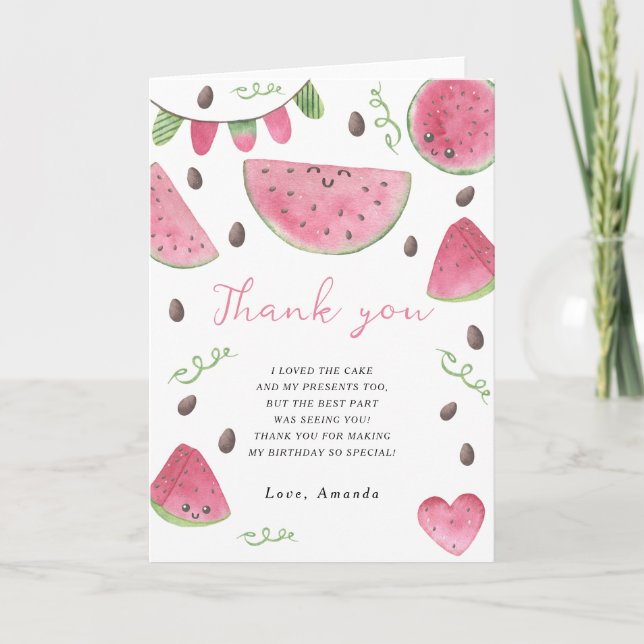 Watercolor watermelons birthday party thank you card (Front)