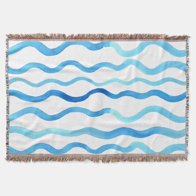 Watercolor Waves: Blue Turquoise Seamless. Throw Blanket (Front)