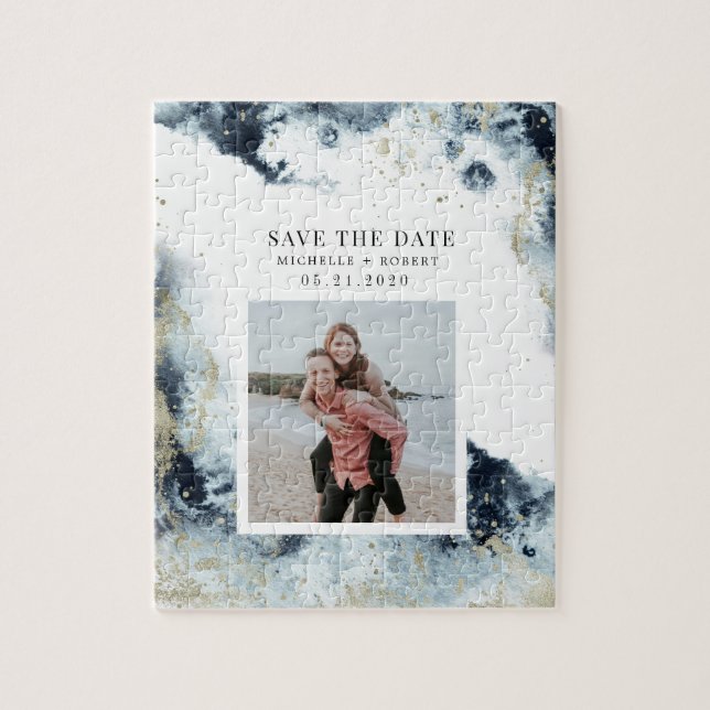 watercolor waves coastal save the date photo jigsaw puzzle (Vertical)