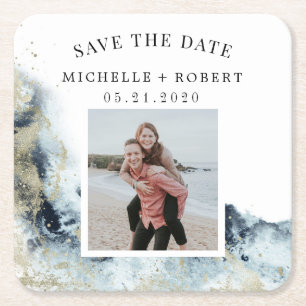watercolor waves coastal save the date photo square paper coaster