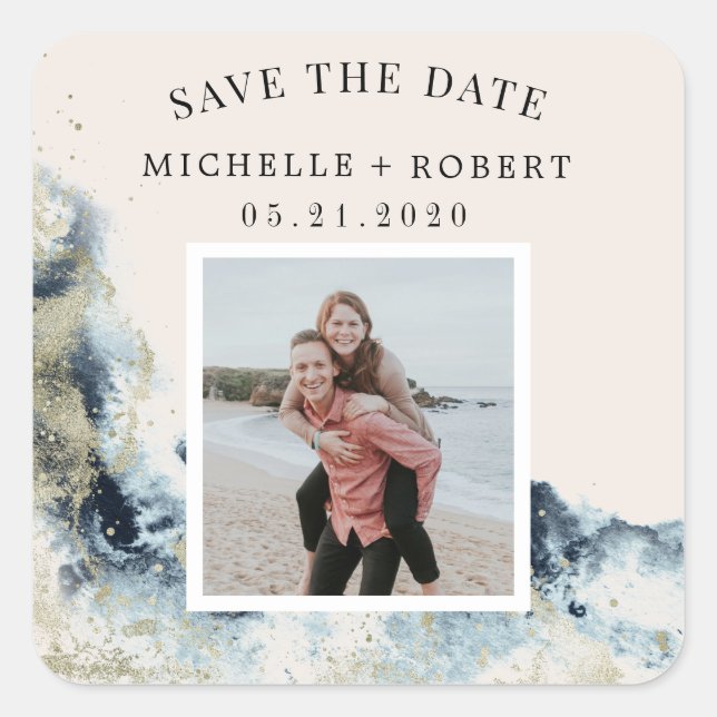 watercolor waves coastal save the date photo square sticker (Front)