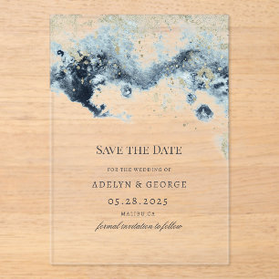 Watercolor Waves Minimalistic Save The Date Acrylic Invitations
