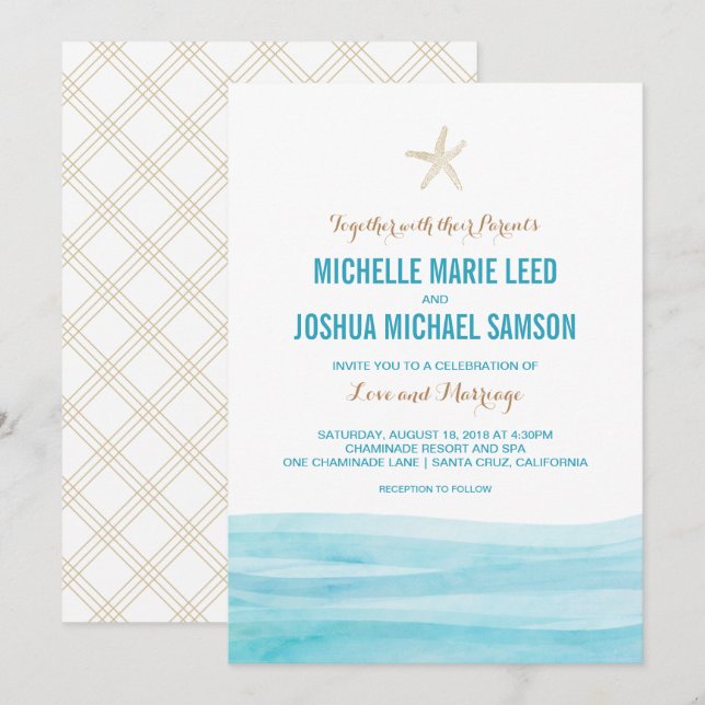 Watercolor Waves Ocean Beach Wedding Invitation (Front/Back)