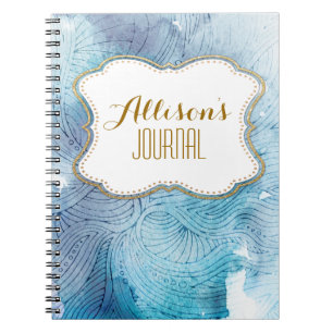 Watercolor waves ocean blue purple painted notebook