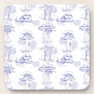 Watercolor Waves & Ships Pattern Coaster