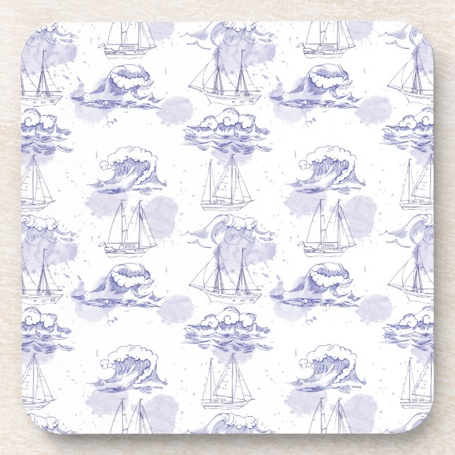 Watercolor Waves & Ships Pattern Coaster (Front)