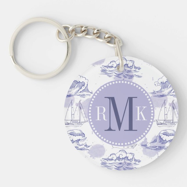 Watercolor Waves & Ships Pattern Key Ring (Front)