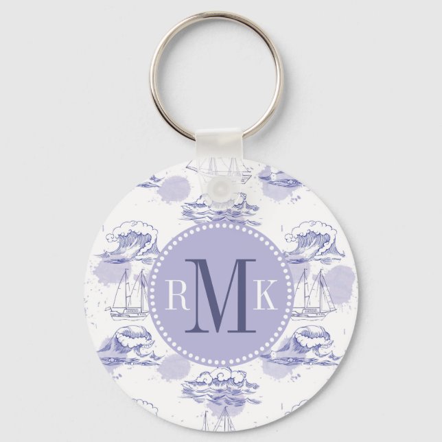 Watercolor Waves & Ships Pattern Key Ring (Front)