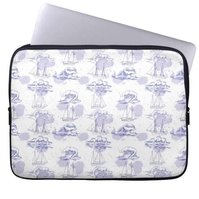 Watercolor Waves & Ships Pattern Laptop Sleeve (Front)